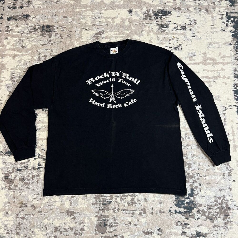 Vtg Hard Rock Cafe Cayman Island Long Sleeve Tshirt Black Sz XL Rock N Roll Tour